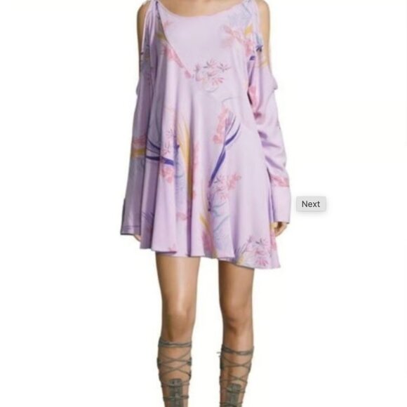 FREE PEOPLE Fall Dress Tunic Clear Skies Lilac Shift Cold Shoulder Floral Large - Picture 2 of 14